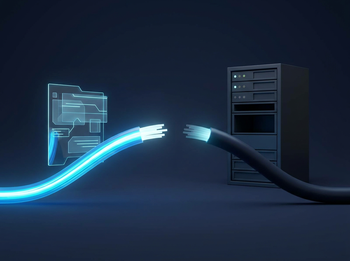 A severed glowing cable representing the broken traffic link and lost clicks between search engines and web publishers.