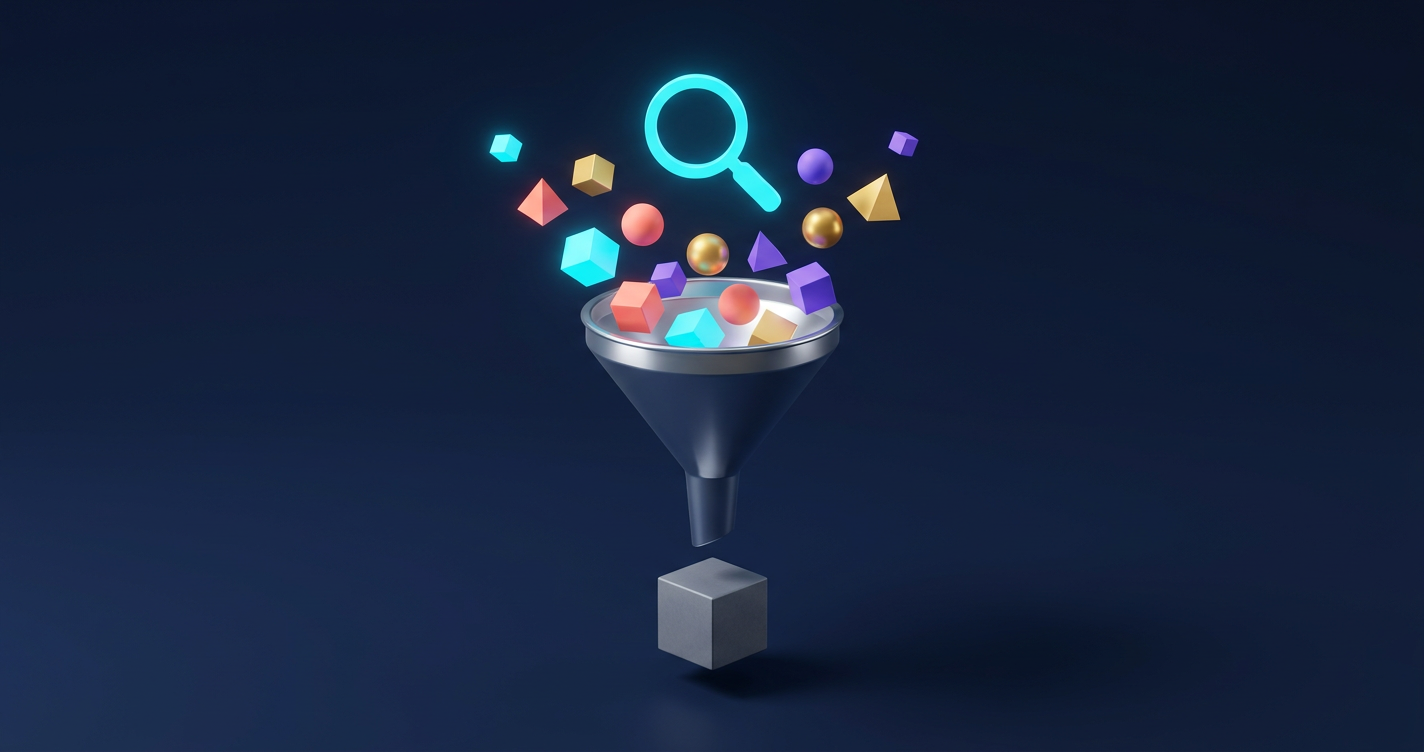Abstract 3D illustration of a search engine funneling diverse web content into a uniform, monolithic AI output