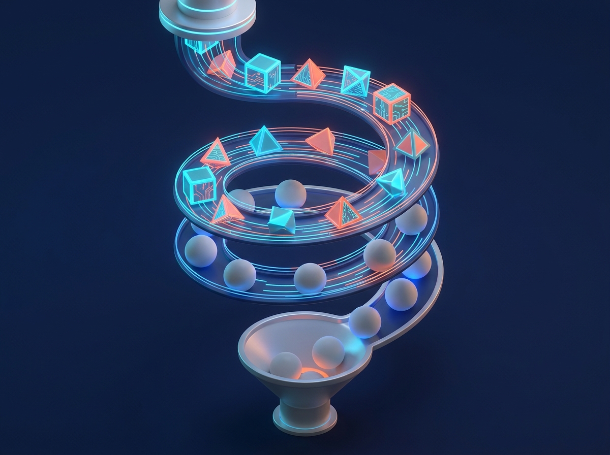 An infinite downward spiral showing crisp data degrading into bland spheres, representing the AI training feedback loop.