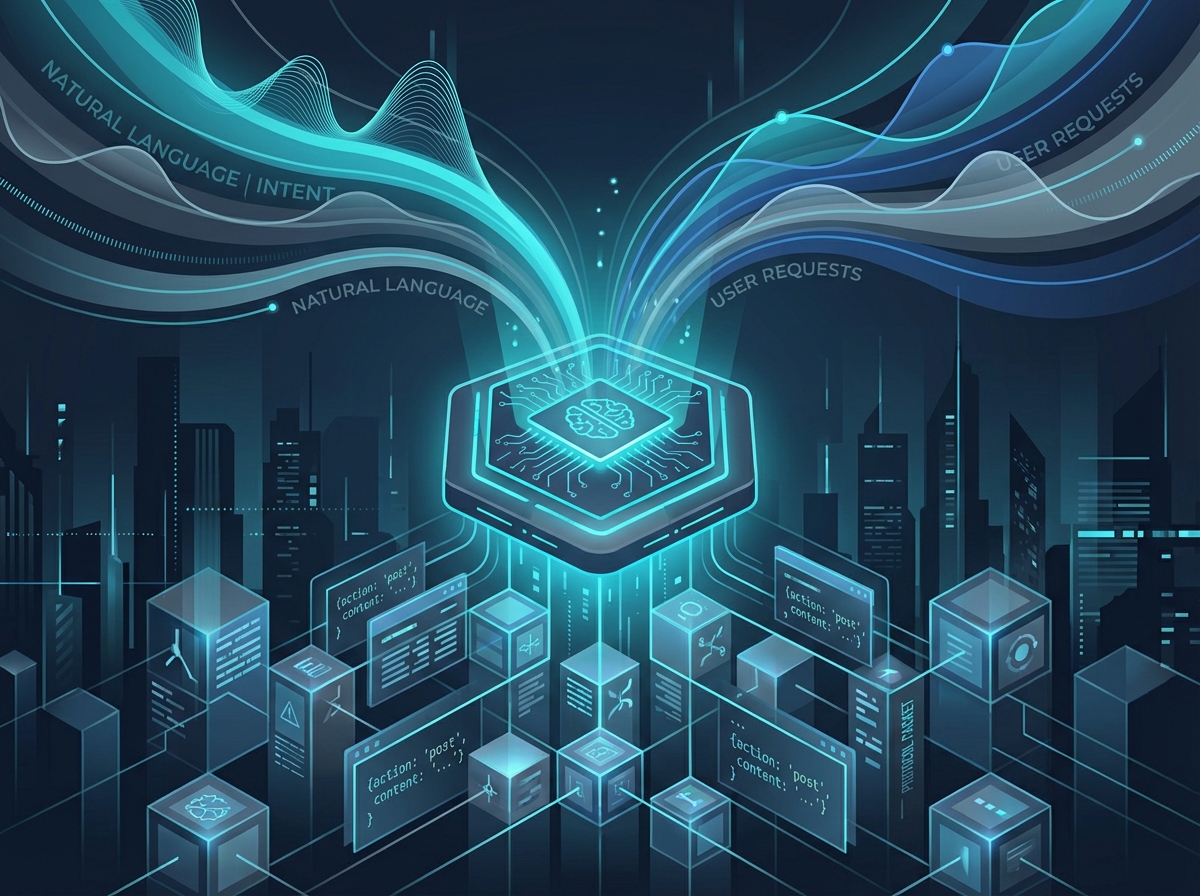 Illustrates the function of the MCP Server: translating natural language intent into structured protocol actions.