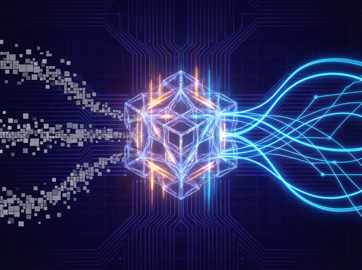 An abstract diagram illustrating the translation of raw DOS binaries through the WebAssembly engine into smooth browser execution.