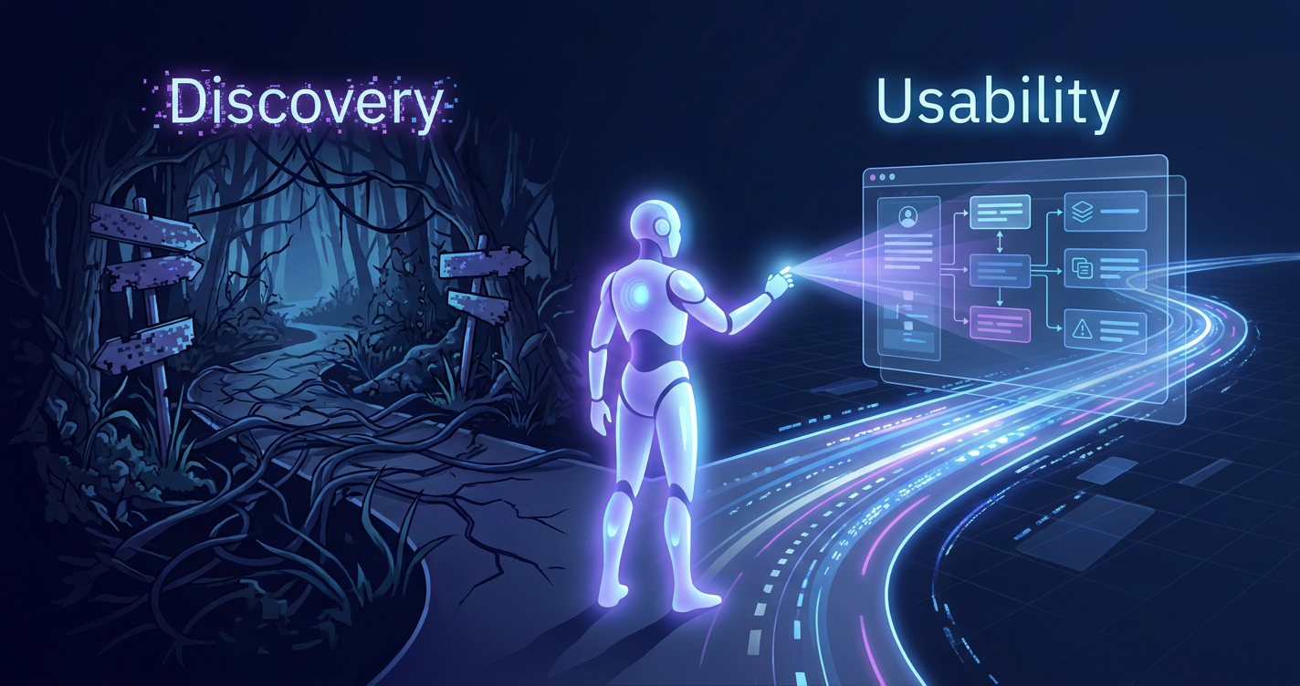 A split scene: a dark, tangled forest of 'Discovery' signposts on the left and a bright, organized 'Usability' interface on the right, with an AI agent bridging the two along a glowing data road.