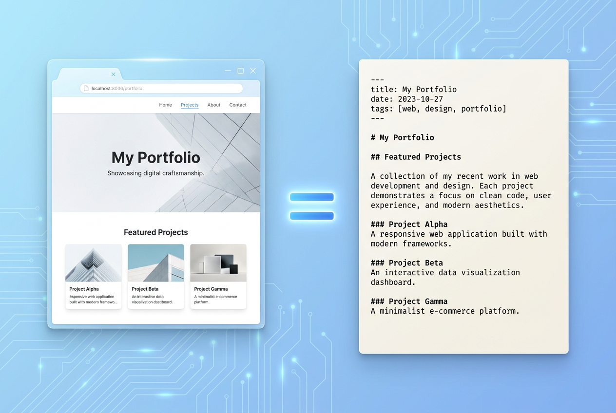 A browser window rendering a portfolio web page beside the same content as a clean Markdown document with YAML frontmatter and headings, joined by an equals sign.