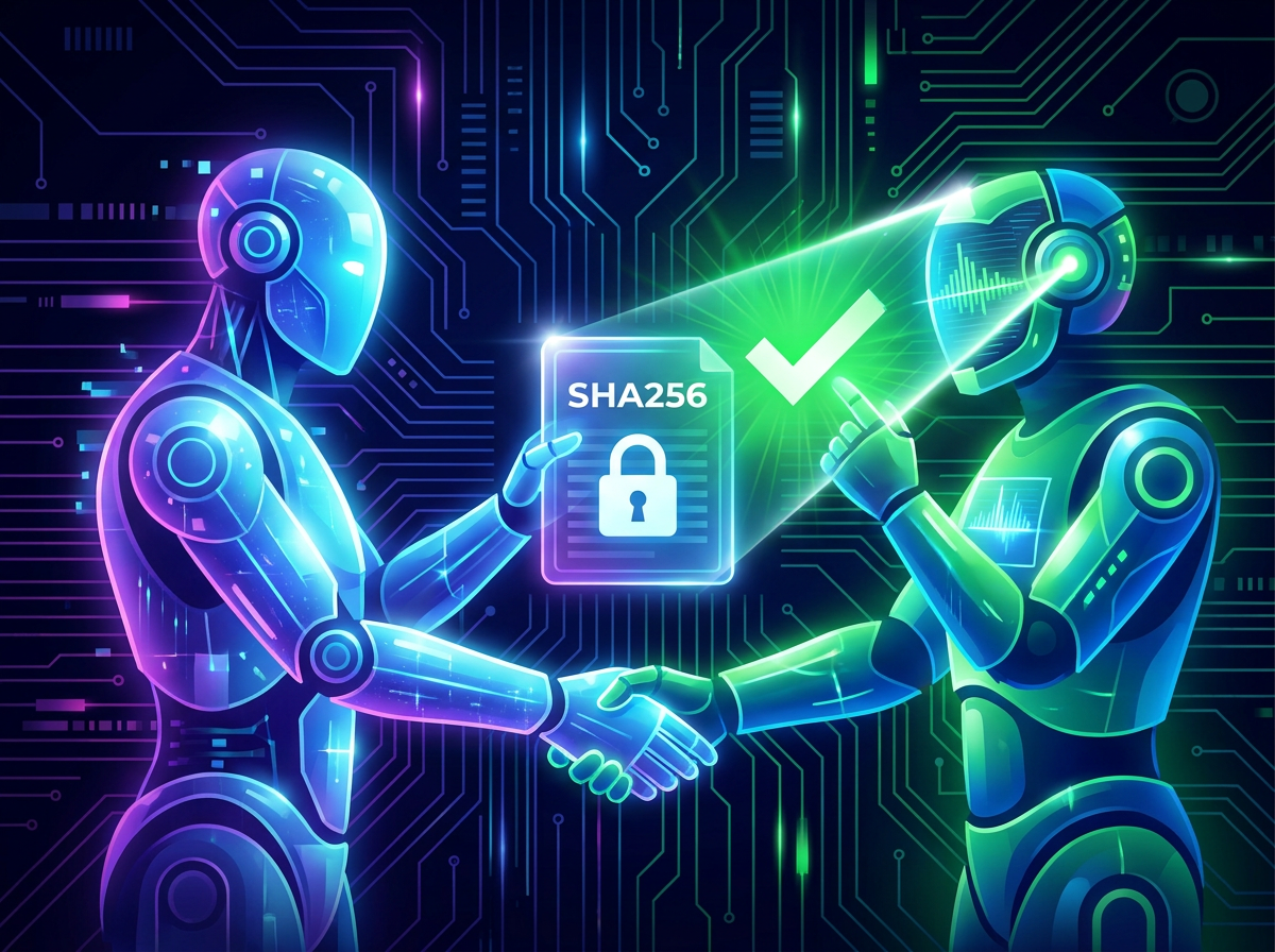 Two humanoid AI agents shaking hands beside a SHA256 padlock badge with a green checkmark, over a circuit-board background.