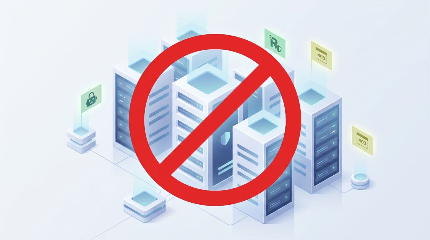 A 'NO' symbol over server racks, with small digital politeness signs, illustrating the concept of servers being able to refuse requests and the importance of robots.txt.
