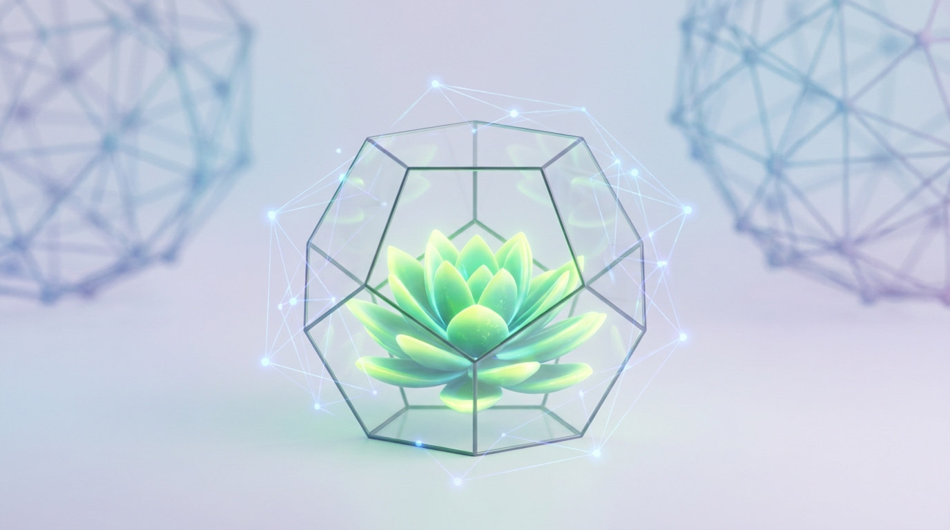 A small glowing green succulent sealed inside a glass geodesic terrarium, with large wireframe network spheres looming in the background.