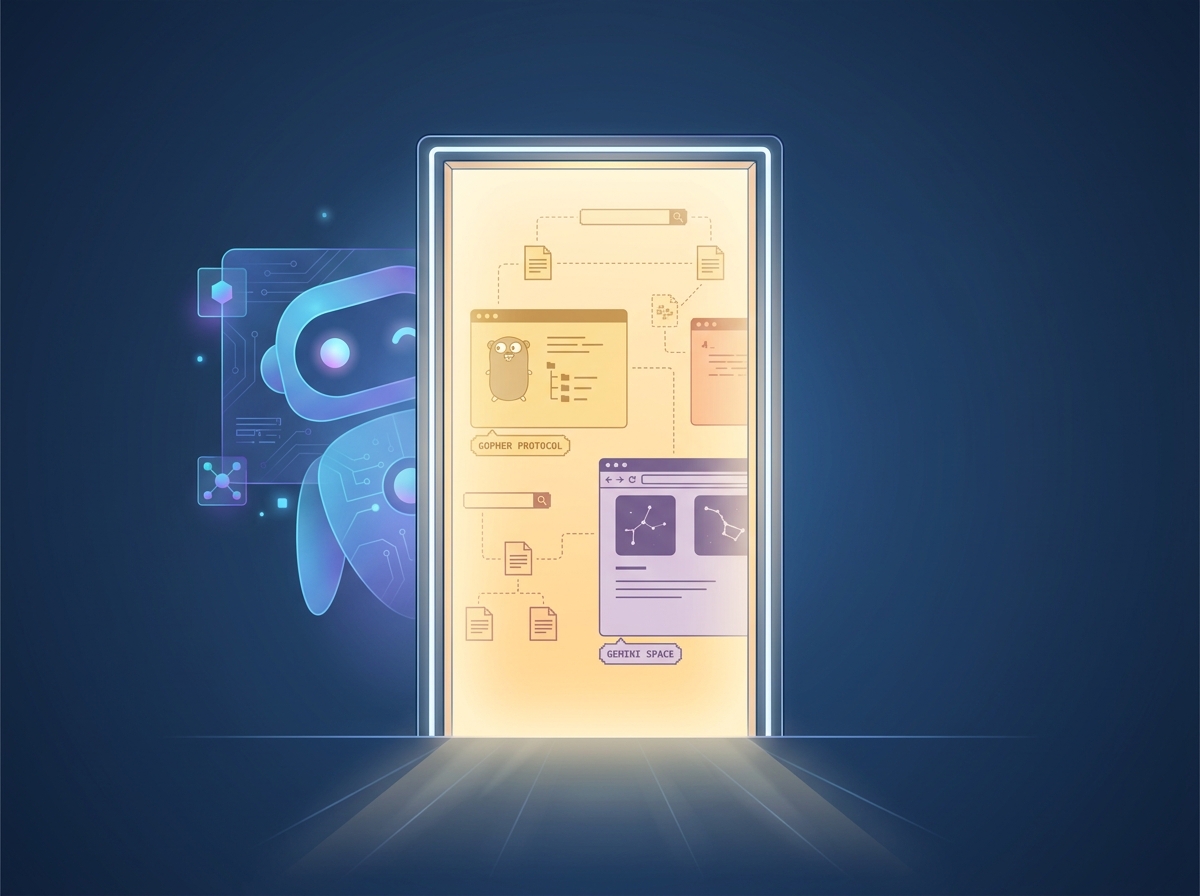 An AI assistant looking through a doorway into a stylized 'small web' scene, representing the tool as a controlled entry point and the idea that the door swings both ways.