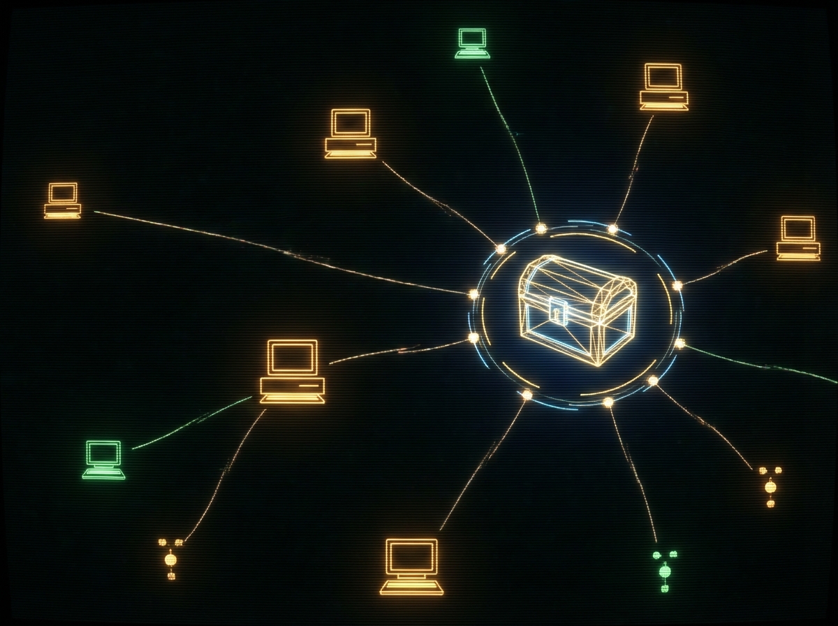 A stylized network map visualizing the isolated nature of Bulletin Board Systems and the difficulty of finding files.