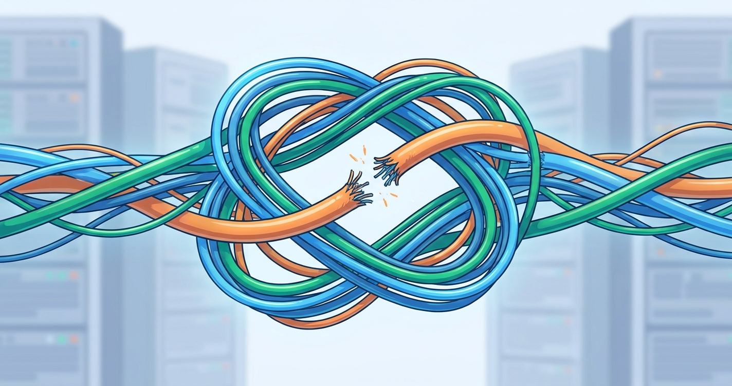 A knot of blue, green and orange network cables tangled together in front of blurred server racks, with one orange cable cleanly severed in the middle and its ends frayed.
