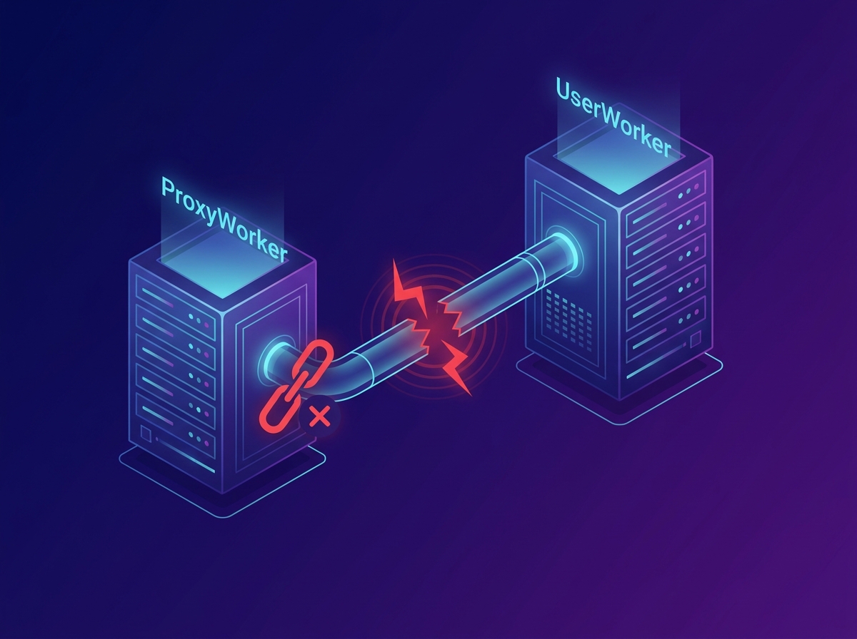 Two isometric server towers labelled ProxyWorker and UserWorker, joined by a pipe that has snapped in the middle, marked with a red lightning bolt and a broken-link icon.