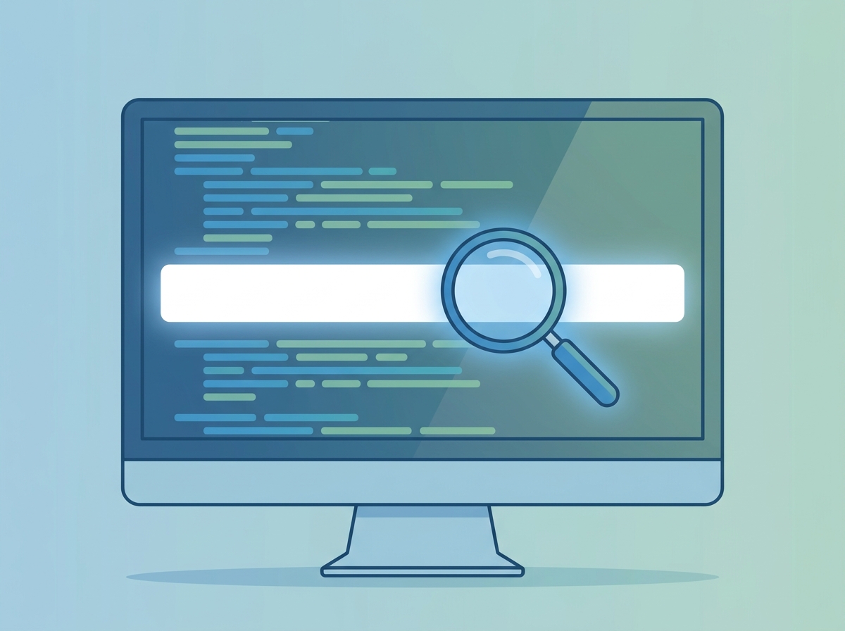 A monitor showing lines of code, where one line is a blank glowing white bar with no text, examined under a magnifying glass.