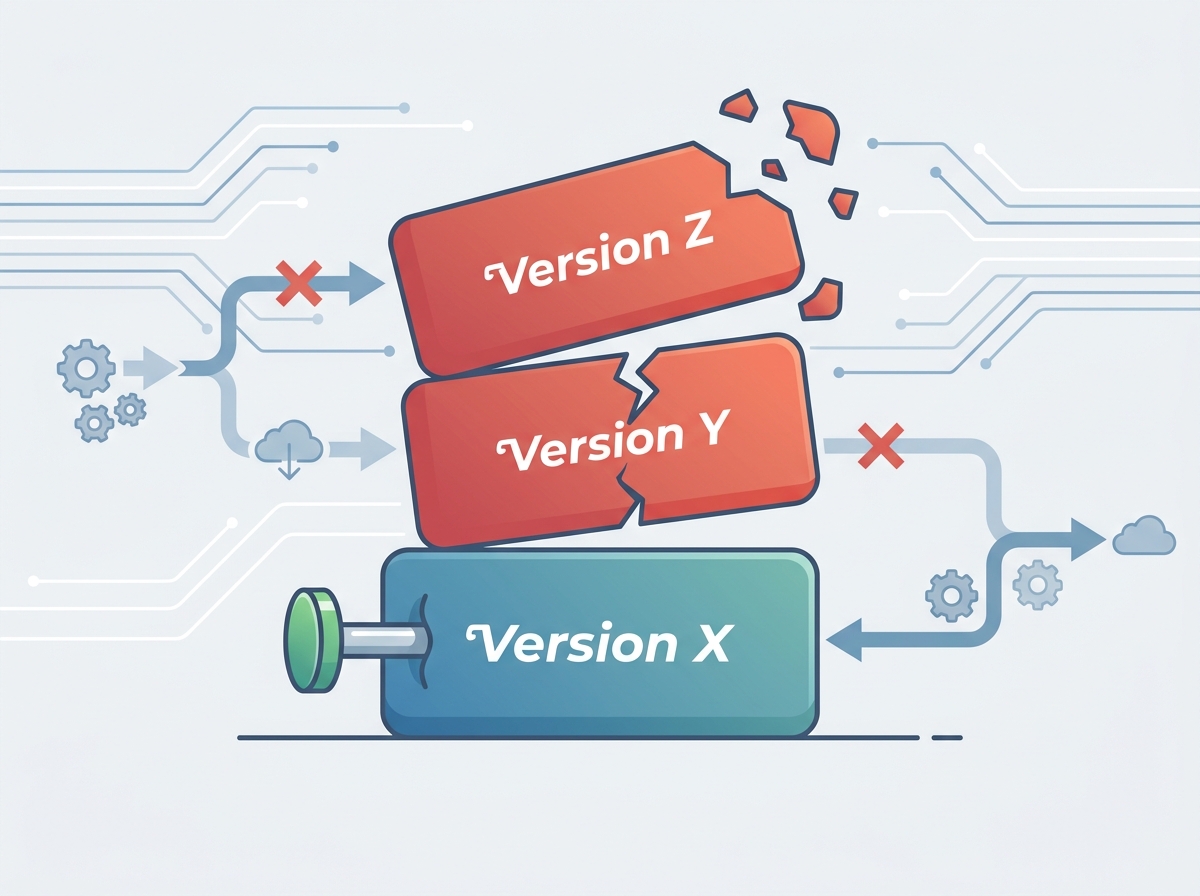 Three stacked slabs labelled Version Z, Version Y and Version X. The top two are red and breaking apart; the bottom one is intact and held in place by a pin.