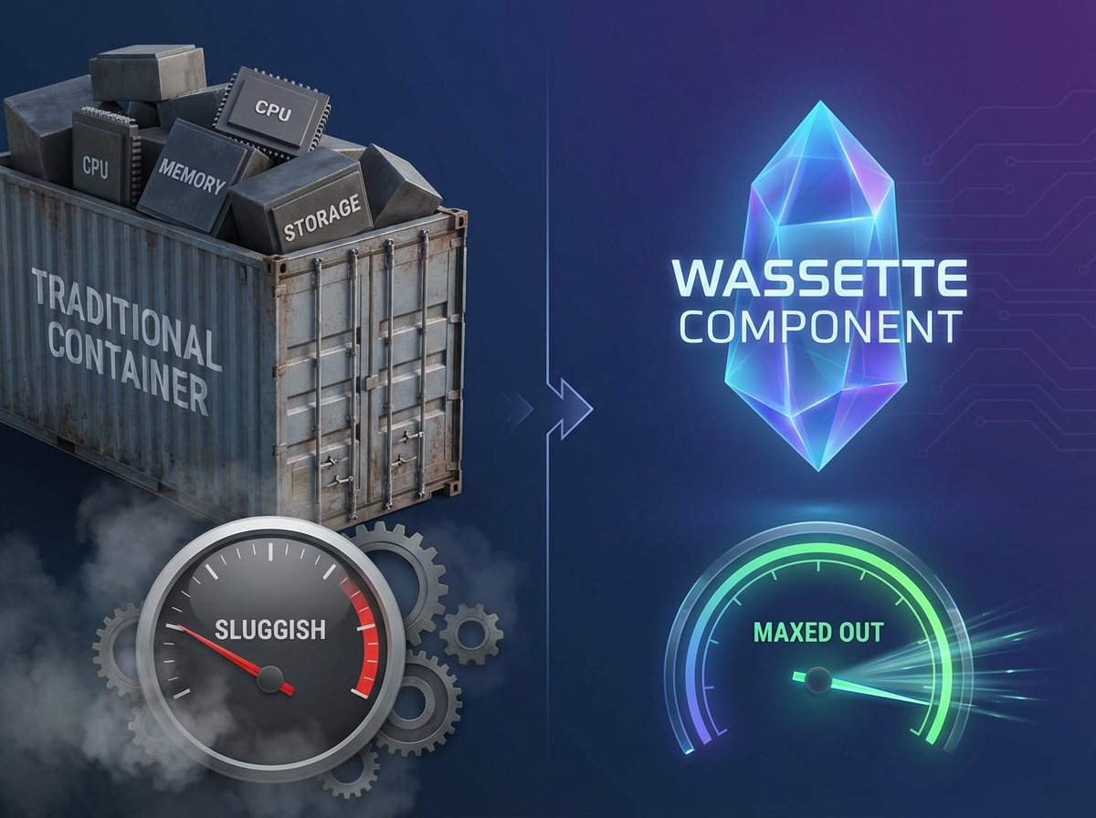 A visual comparison between heavy container-based isolation and the lightweight, high-performance nature of Wassette's WebAssembly approach.