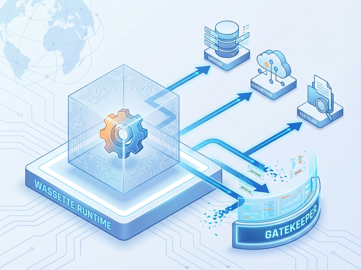 An architectural visualization showing the relationship between the runtime, the sandboxed tool, and the permission layer that guards system resources.